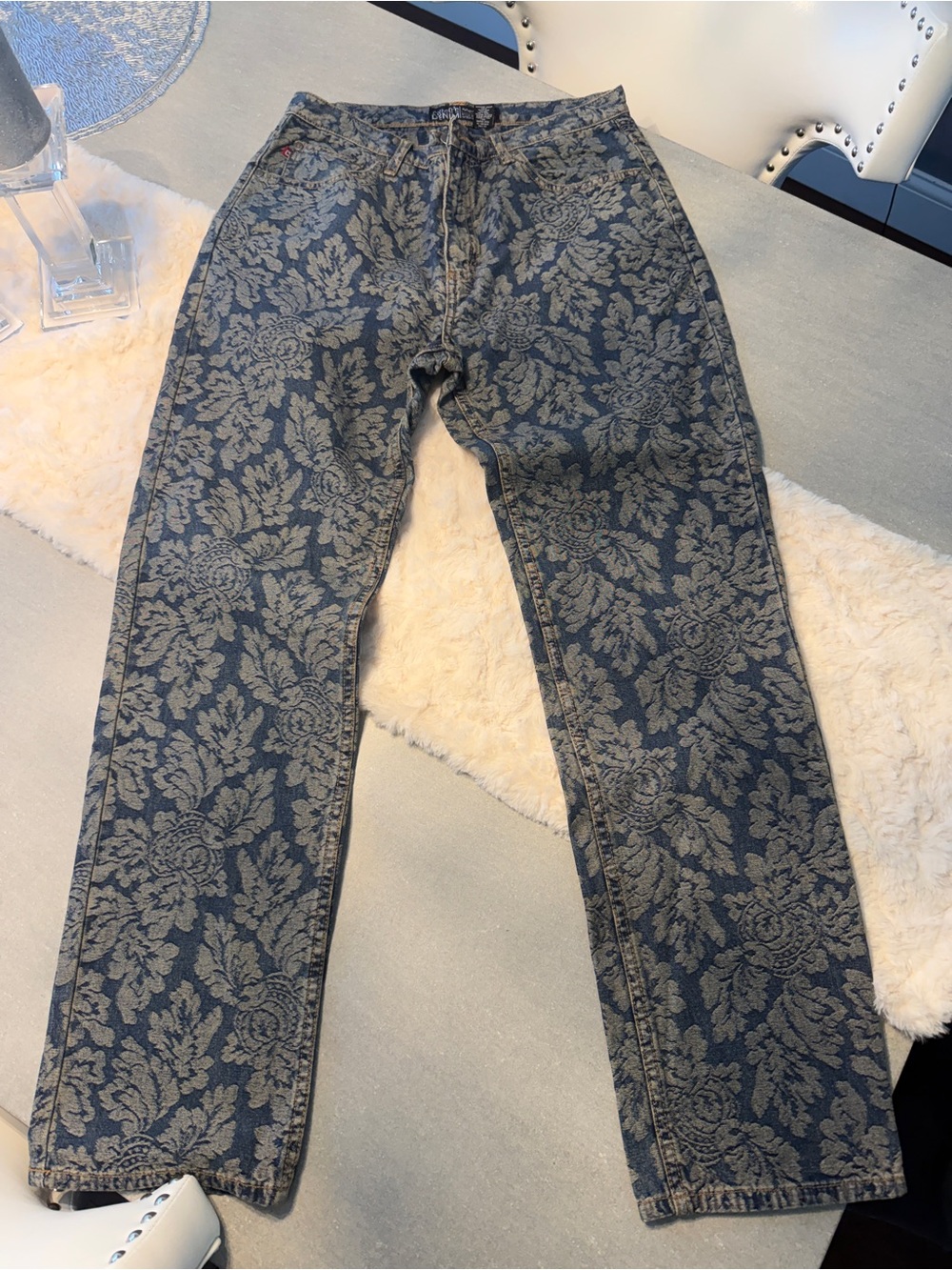 Chico's Blue Denim Jacquard Jeans with Tan Stitching size 1